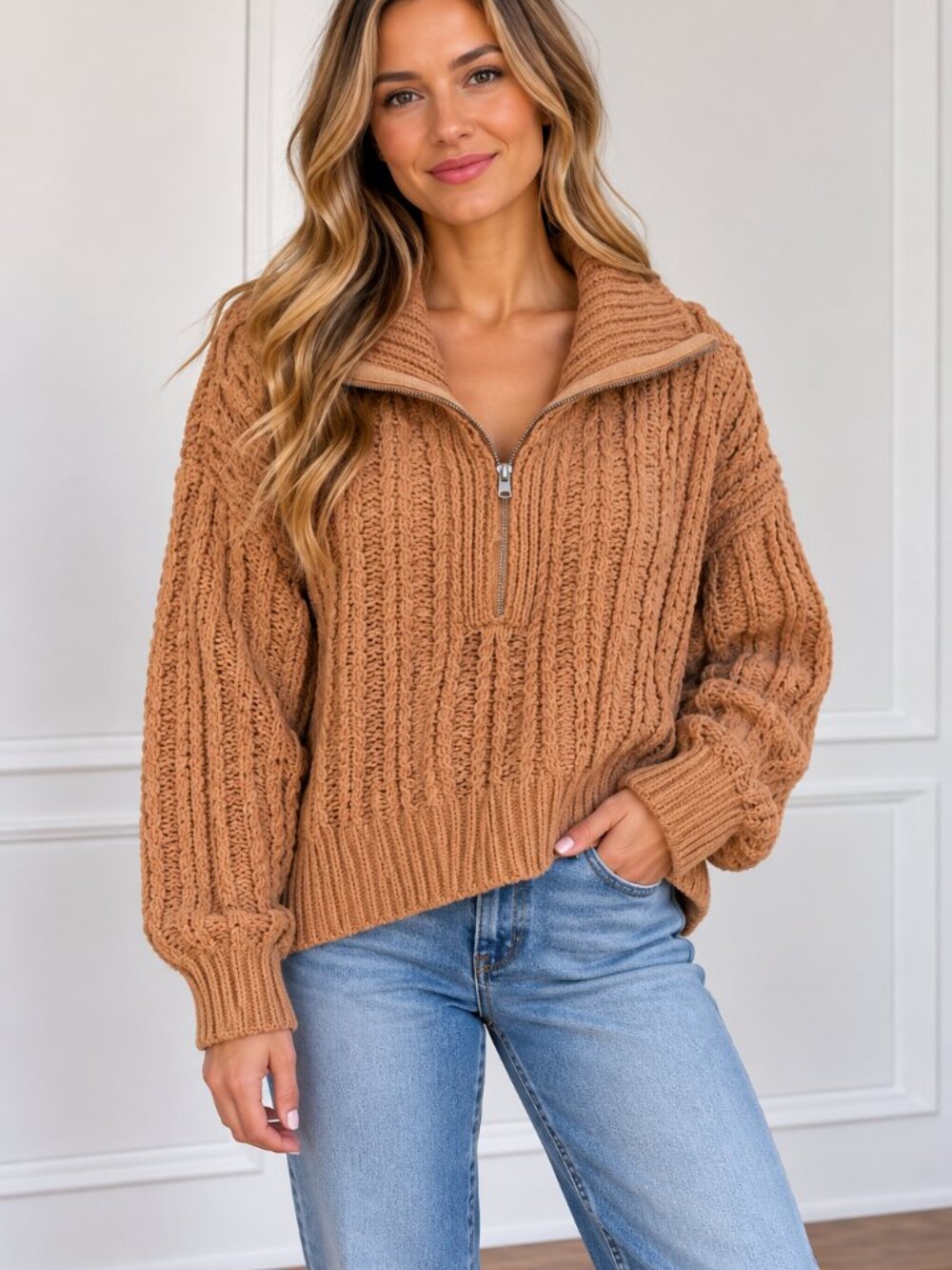 aerie Ribbed Half-Zip Cowl Sweater in Dusty Peach